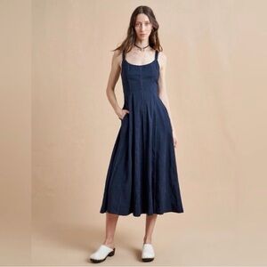 NWT La Ligne Georgia Navy Scoop Neck Linen Midi Dress